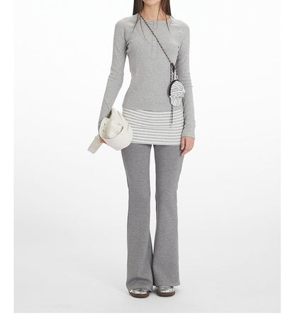 Round-Neck Henley Tee with Long Sleeves