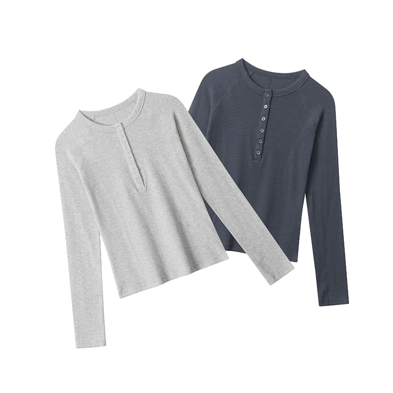 Round-Neck Henley Tee with Long Sleeves