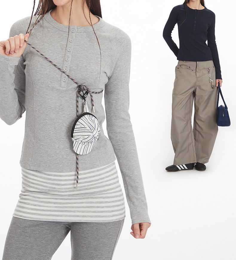 Round-Neck Henley Tee with Long Sleeves