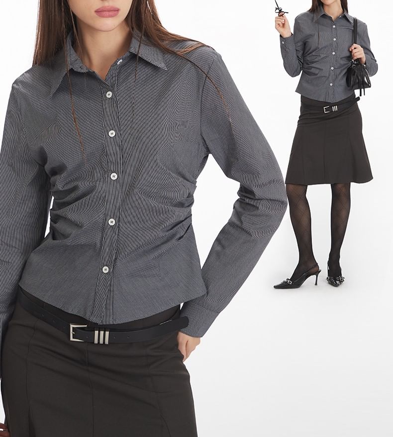Collared Ruched Shirt with Long Sleeves