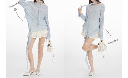 Ruched Scoop-Neck Knit Top with Long Sleeves