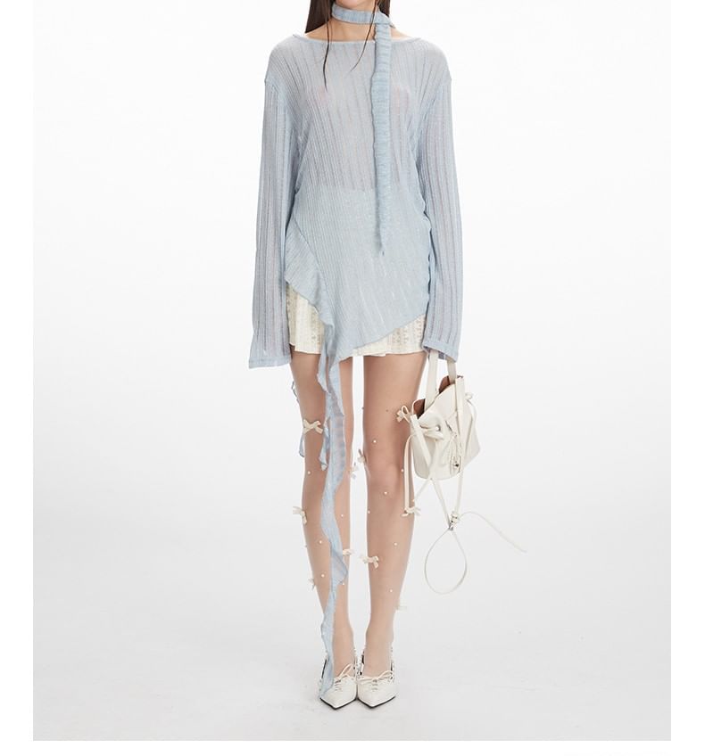Ruched Scoop-Neck Knit Top with Long Sleeves