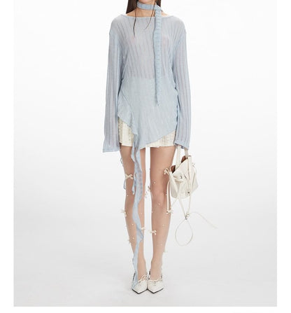 Ruched Scoop-Neck Knit Top with Long Sleeves