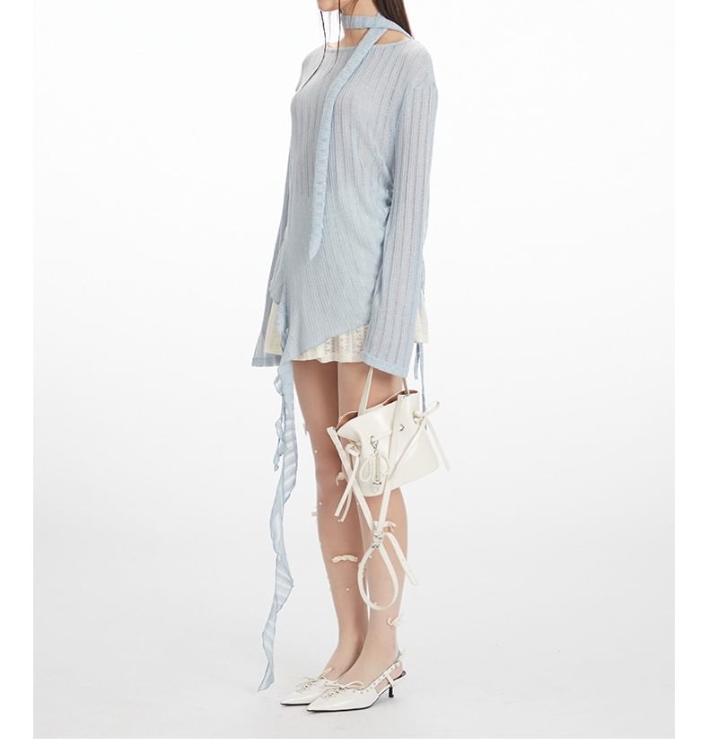 Ruched Scoop-Neck Knit Top with Long Sleeves