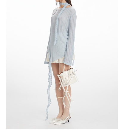 Ruched Scoop-Neck Knit Top with Long Sleeves