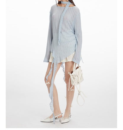 Ruched Scoop-Neck Knit Top with Long Sleeves