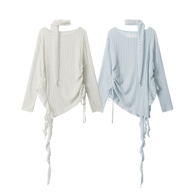 Ruched Scoop-Neck Knit Top with Long Sleeves