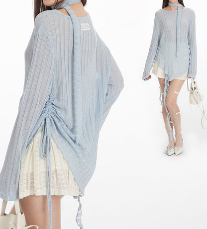 Ruched Scoop-Neck Knit Top with Long Sleeves