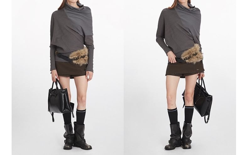 Asymmetric Turtleneck Knit Top with Long Sleeves