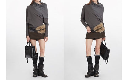 Asymmetric Turtleneck Knit Top with Long Sleeves