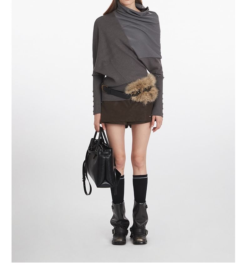 Asymmetric Turtleneck Knit Top with Long Sleeves