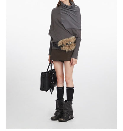 Asymmetric Turtleneck Knit Top with Long Sleeves