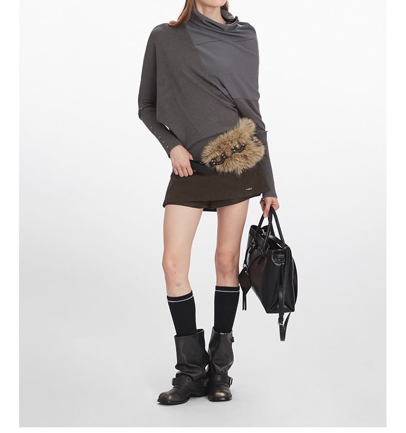 Asymmetric Turtleneck Knit Top with Long Sleeves