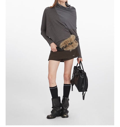Asymmetric Turtleneck Knit Top with Long Sleeves