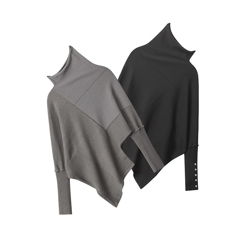 Asymmetric Turtleneck Knit Top with Long Sleeves