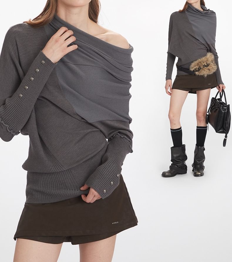 Asymmetric Turtleneck Knit Top with Long Sleeves