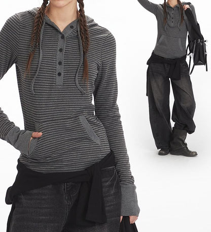 Striped Hooded Tee with Long Sleeves