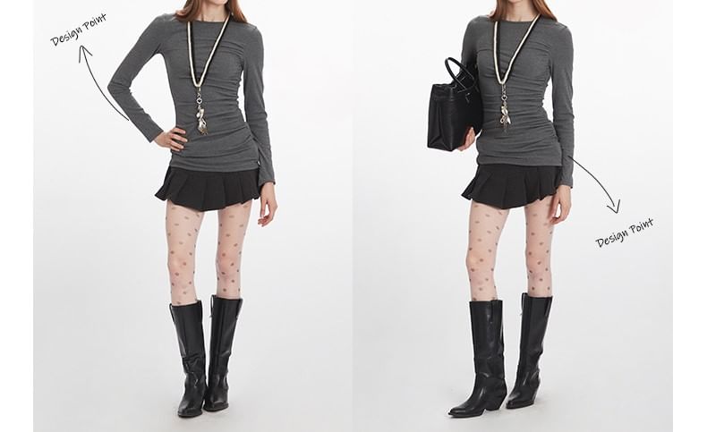 Solid Ruched Tee with Round Neck and Extended Sleeves