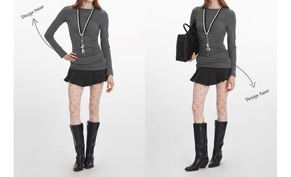 Solid Ruched Tee with Round Neck and Extended Sleeves