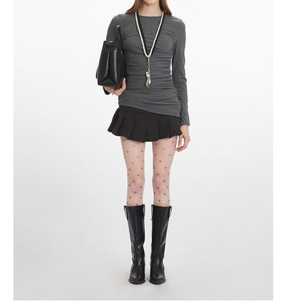 Solid Ruched Tee with Round Neck and Extended Sleeves