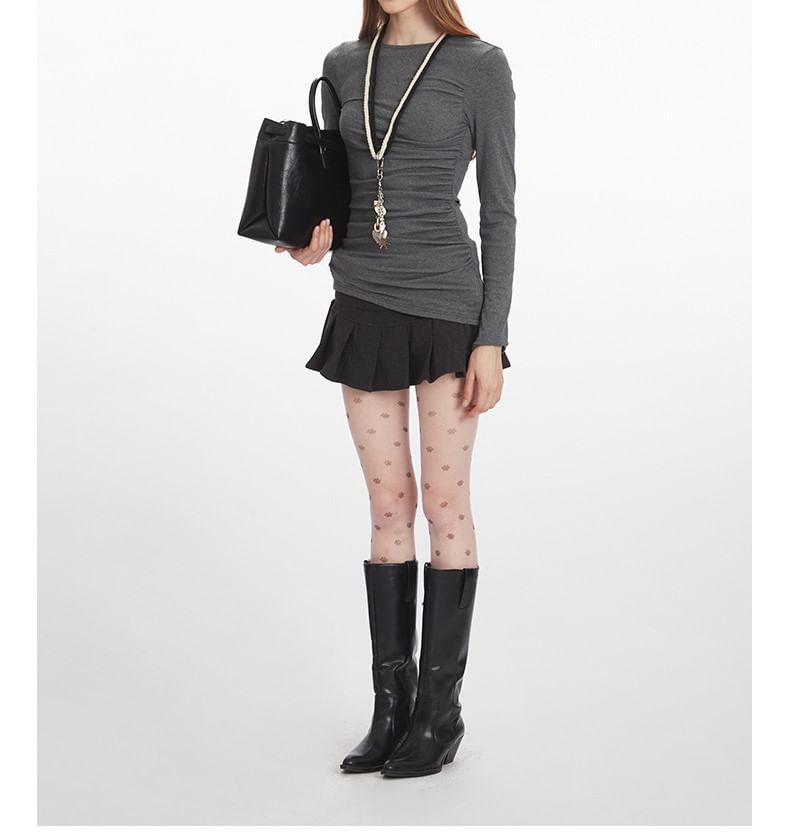 Solid Ruched Tee with Round Neck and Extended Sleeves