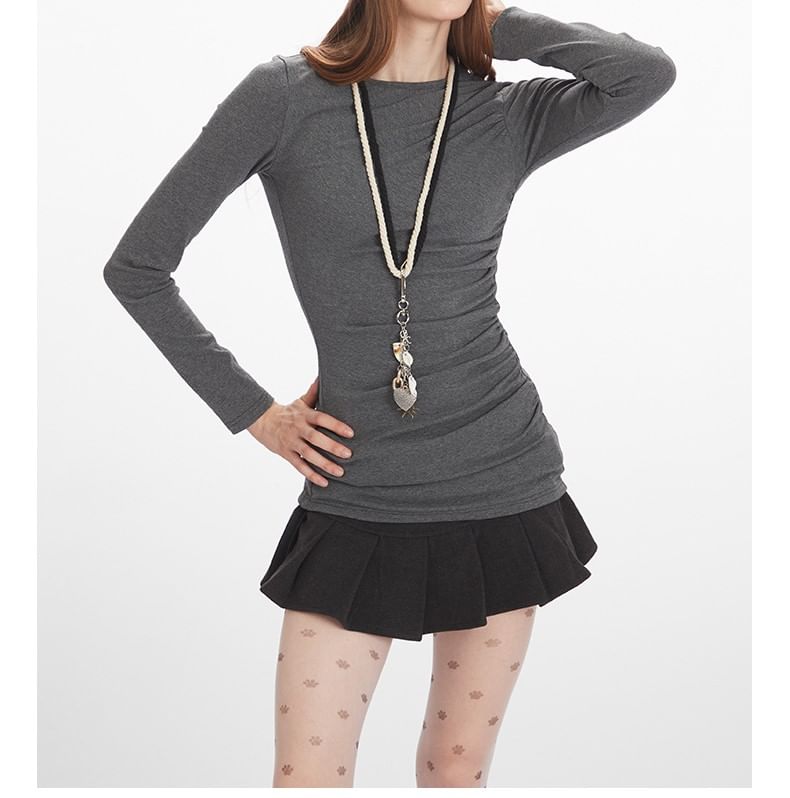 Solid Ruched Tee with Round Neck and Extended Sleeves