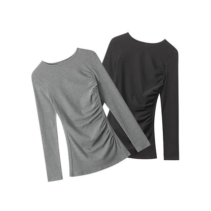Solid Ruched Tee with Round Neck and Extended Sleeves