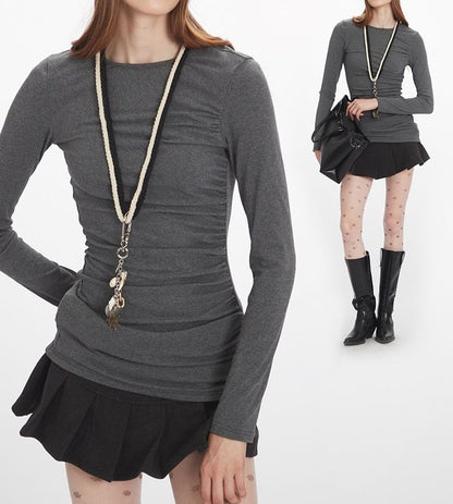 Solid Ruched Tee with Round Neck and Extended Sleeves