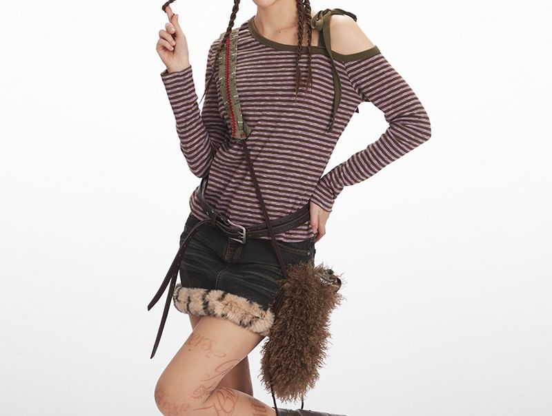 Striped Cold-Shoulder Tee with Long Sleeves