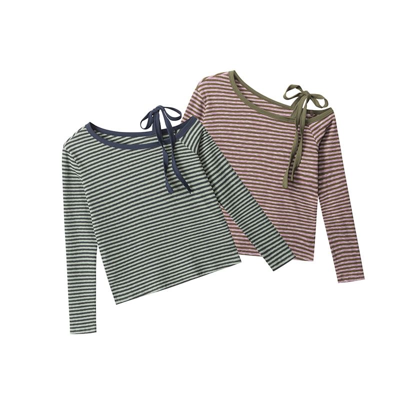 Striped Cold-Shoulder Tee with Long Sleeves