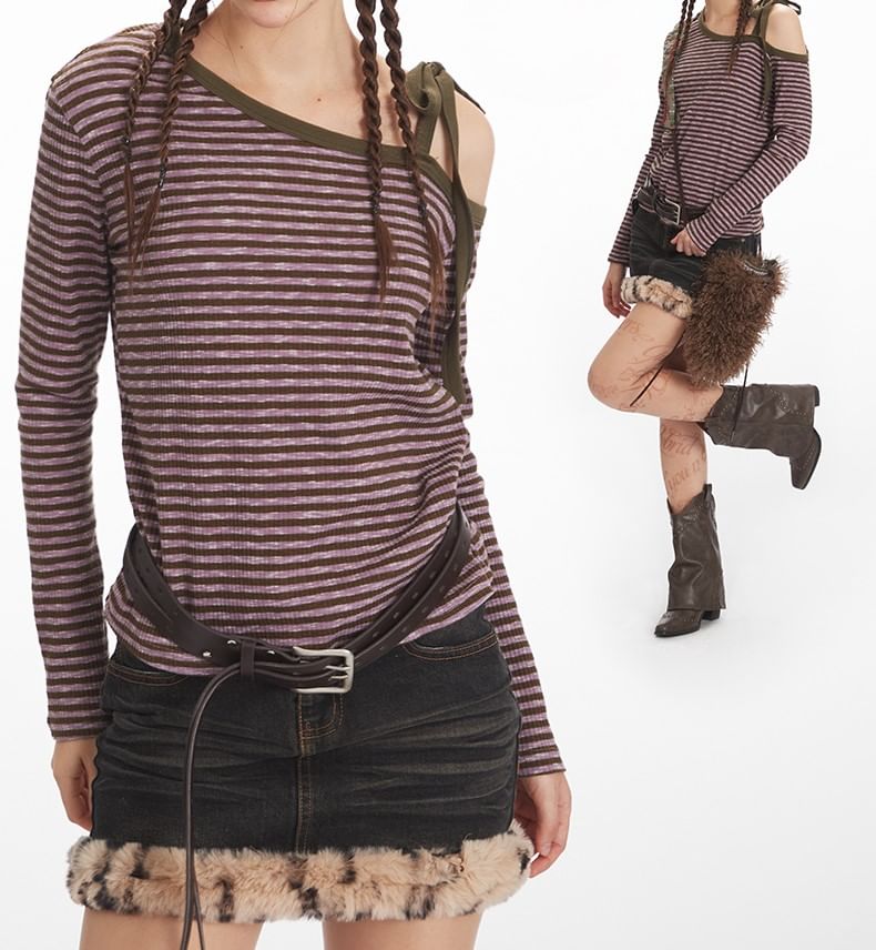 Striped Cold-Shoulder Tee with Long Sleeves