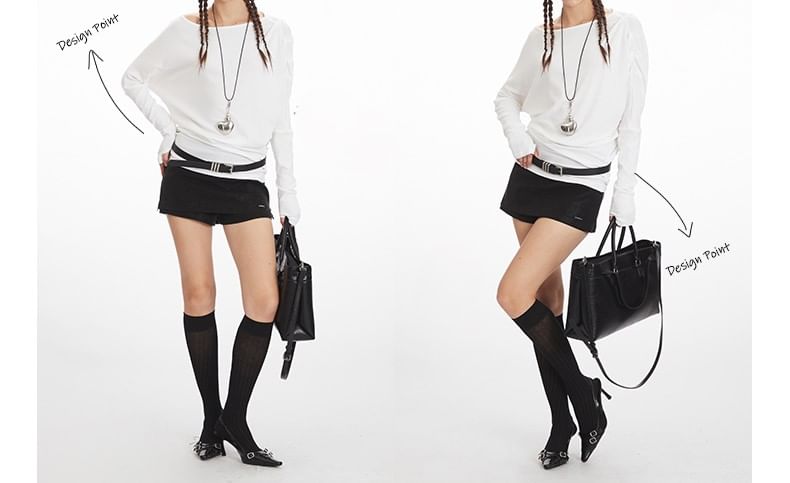 Ruched Scoop-Neck Tee with Long Sleeves