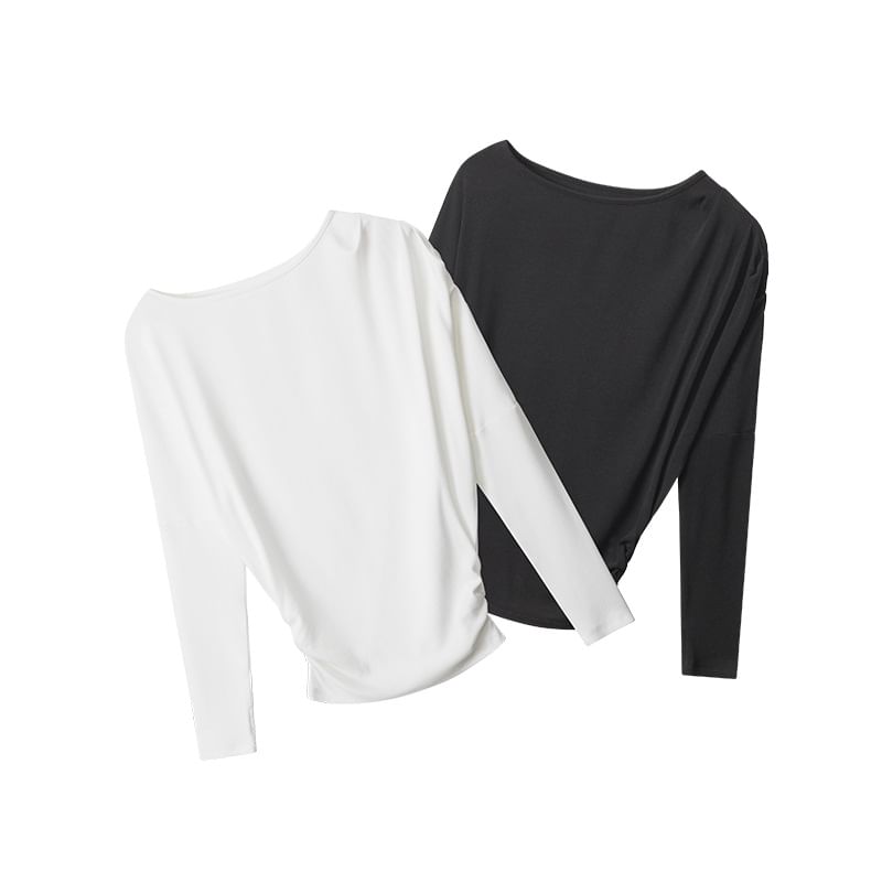 Ruched Scoop-Neck Tee with Long Sleeves