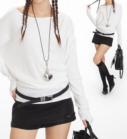 Ruched Scoop-Neck Tee with Long Sleeves