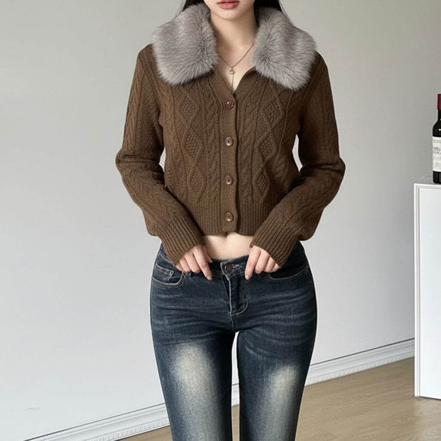 Long Sleeve V-Neck Faux Fur Panel Cable Knit Crop Cardigan