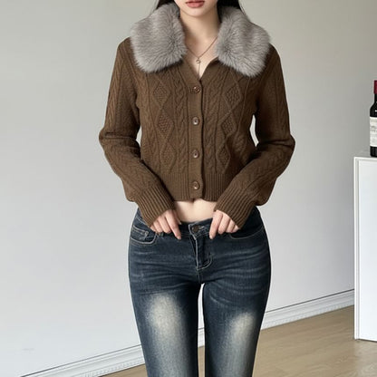 Long Sleeve V-Neck Faux Fur Panel Cable Knit Crop Cardigan