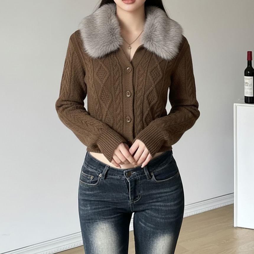 Long Sleeve V-Neck Faux Fur Panel Cable Knit Crop Cardigan
