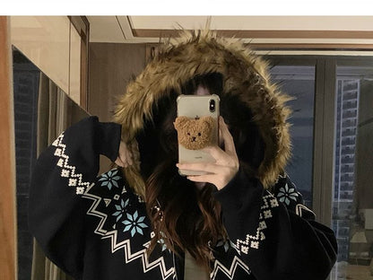 Furry Trim Hooded Pattern Zip-Up Jacket