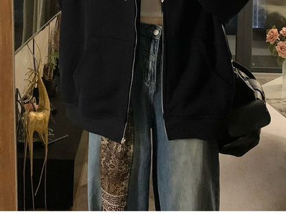 Furry Trim Hooded Pattern Zip-Up Jacket