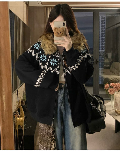 Furry Trim Hooded Pattern Zip-Up Jacket
