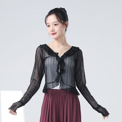 Sheer Ruffled Crop Tee with V-Neckline and Long Sleeves