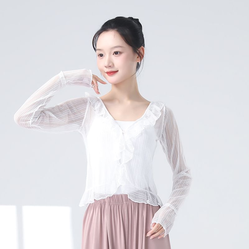 Sheer Ruffled Crop Tee with V-Neckline and Long Sleeves