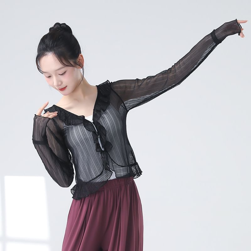 Sheer Ruffled Crop Tee with V-Neckline and Long Sleeves