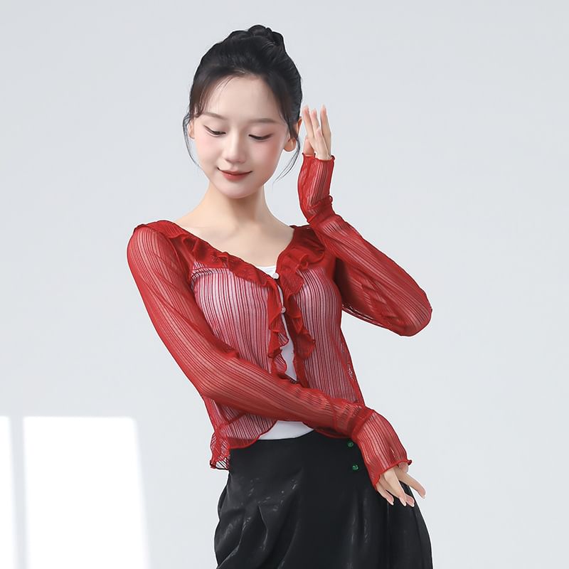 Sheer Ruffled Crop Tee with V-Neckline and Long Sleeves