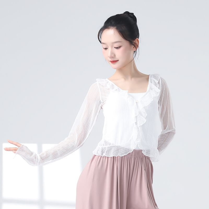 Sheer Ruffled Crop Tee with V-Neckline and Long Sleeves