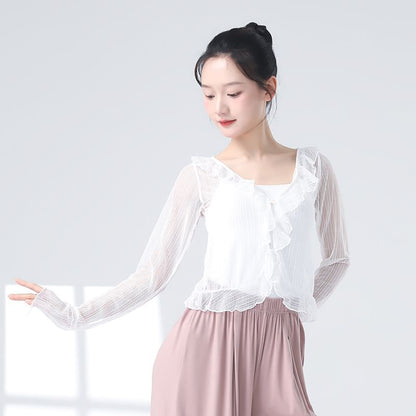Sheer Ruffled Crop Tee with V-Neckline and Long Sleeves