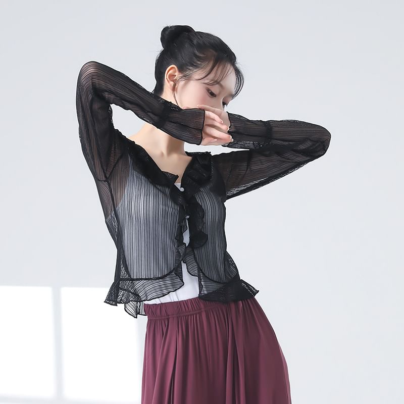 Sheer Ruffled Crop Tee with V-Neckline and Long Sleeves