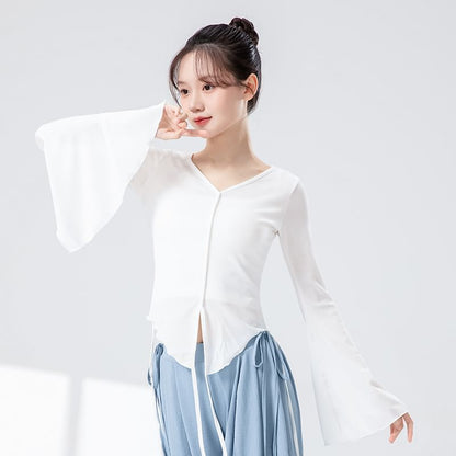 Solid Flared-Sleeve Top with V-Shaped Neckline