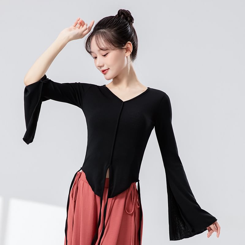 Solid Flared-Sleeve Top with V-Shaped Neckline
