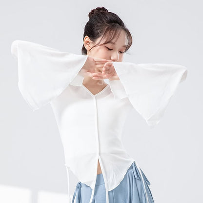 Solid Flared-Sleeve Top with V-Shaped Neckline